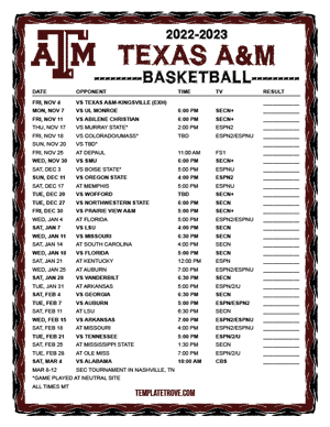 Texas A&M Aggies Basketball 2022-23 Printable Schedule - Mountain Times
