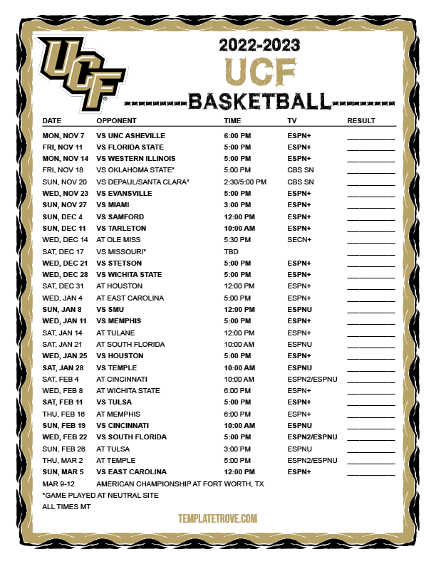Printable 2022-2023 UCF Knights Basketball Schedule