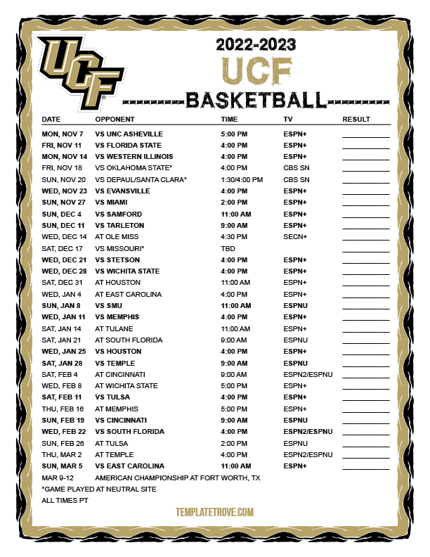 Printable 2022 2023 UCF Knights Basketball Schedule
