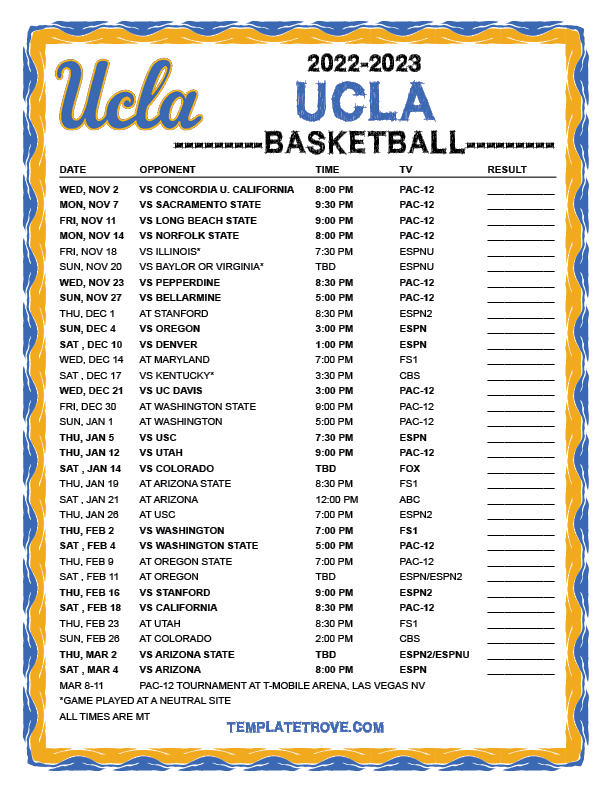 Printable 2022-2023 UCLA Bruins Basketball Schedule