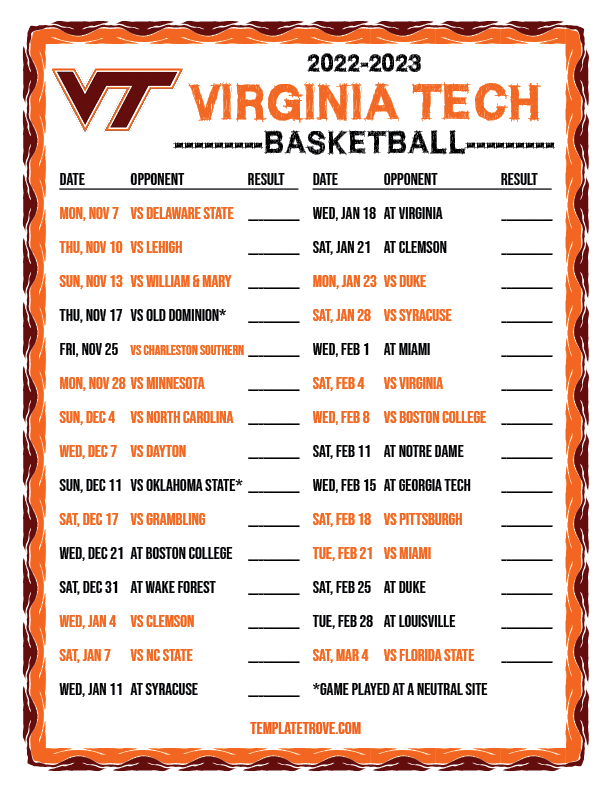 2022 2023 Printable Virginia Tech Hokies Basketball Schedule 