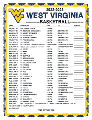 West Virginia Mountaineers Basketball 2022-23 Printable Schedule - Central Times
