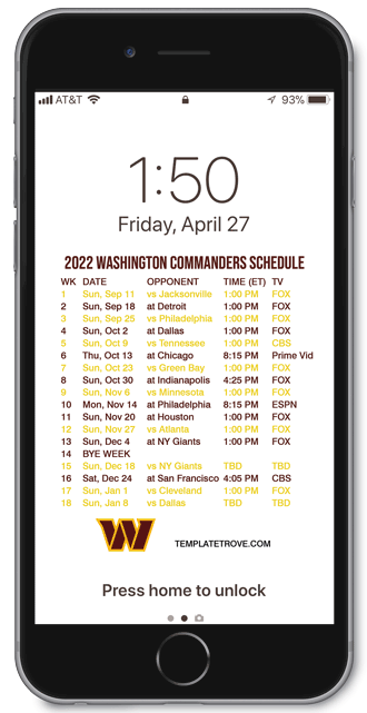 2022 Washington Commanders Lock Screen Schedule