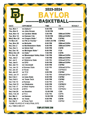 2023-24 Printable Baylor Bears Basketball Schedule