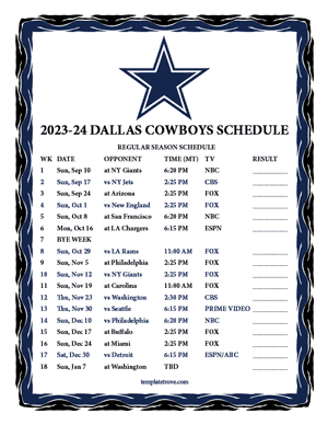 Dallas Cowboys 2023-24 Printable Schedule - Mountain Times