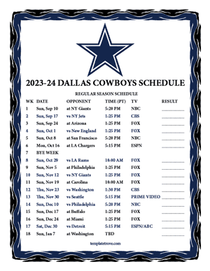 Dallas Cowboys 2023-24 Printable Schedule - Pacific Times