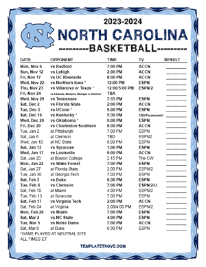 2023-24 Printable North Carolina Tarheels Basketball Schedule