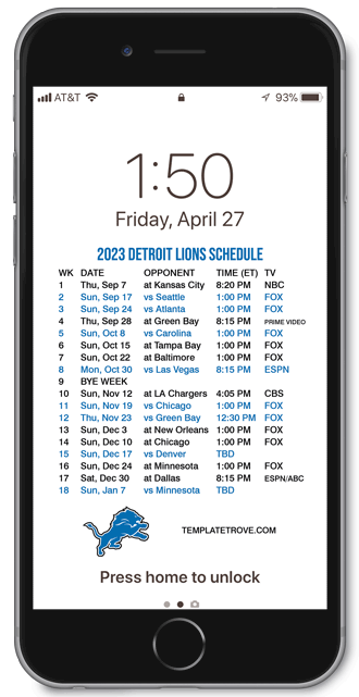 2023 Detroit Lions Lock Screen Schedule