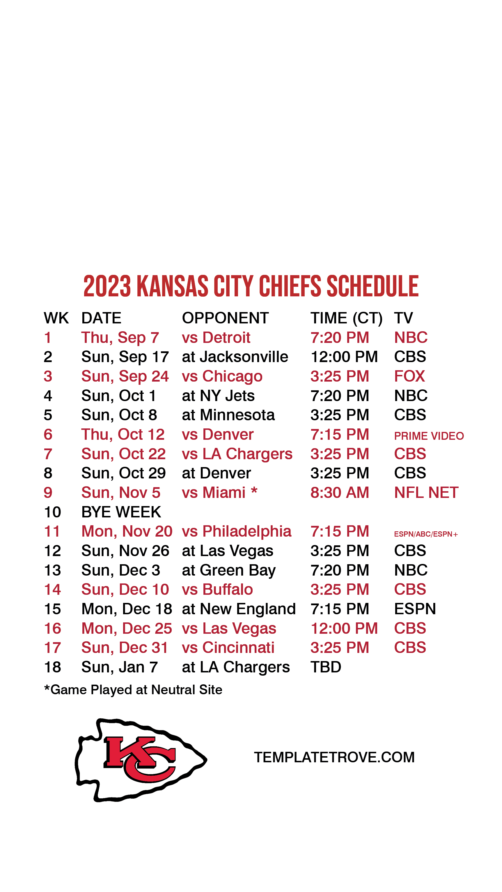 2023-2024 Kansas City Chiefs Lock Screen Schedule for iPhone 6-7-8 Plus