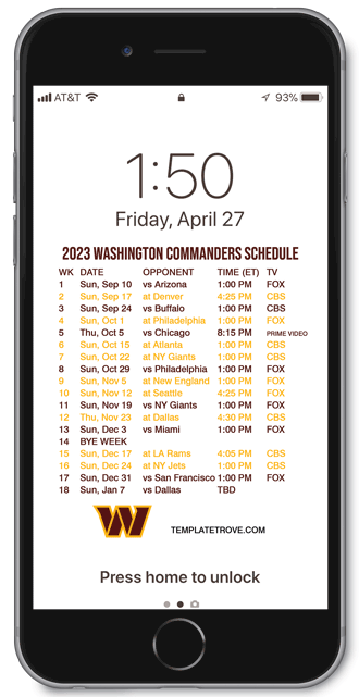 2023 Washington Commanders Lock Screen Schedule