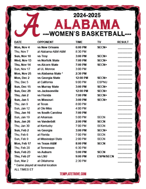 2024-25 Printable Alabama Crimson Tide Women's Basketball Schedule