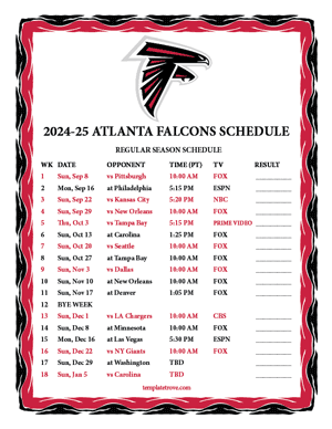 Atlanta Falcons 2024-25
 Printable Schedule - Pacific Times