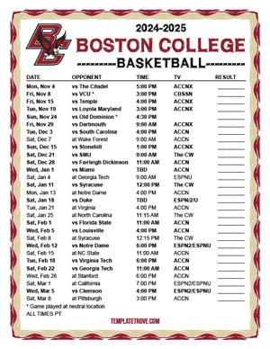 Boston College Eagles Basketball 2024-25 Printable Schedule - Pacific Times