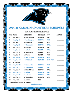 Carolina Panthers 2024-25
 Printable Schedule - Central Times