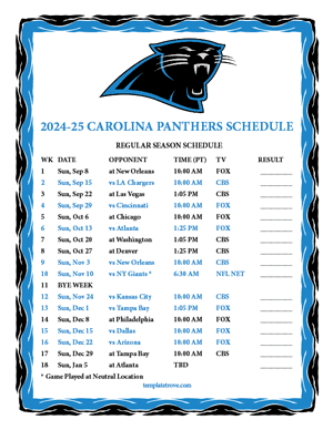 Carolina Panthers 2024-25
 Printable Schedule - Pacific Times