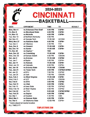 Cincinnati Bearcats Basketball 2024-25 Printable Schedule - Pacific Times