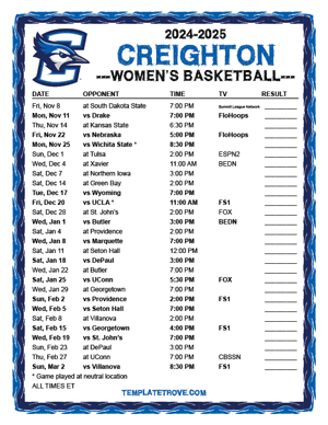 2024-25 Printable Creighton Bluejays Women's Basketball Schedule