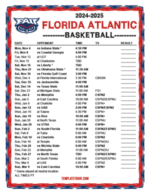 Florida Atlantic Owls Basketball 2024-25 Printable Schedule - Pacific Times