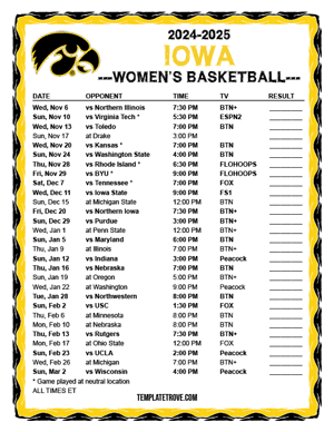 2024-25 Printable Iowa Hawkeyes Women's Basketball Schedule