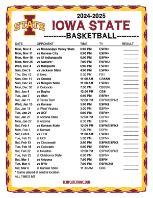 Iowa State Cyclones Basketball 2024-25 Printable Schedule - Mountain Times