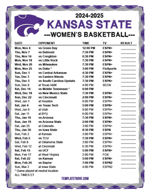 2024-25 Printable Kansas State Wildcats Women's Basketball Schedule