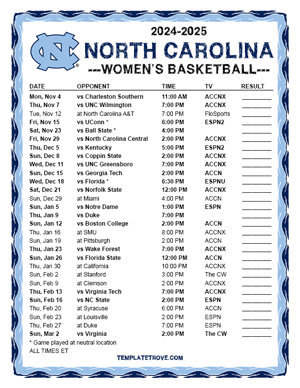 2024-25 Printable North Carolina Tar Heels Women's Basketball Schedule
