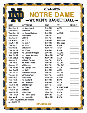 2024-25 Printable Notre Dame Fighting Irish Women's Basketball Schedule