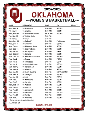 2024-25 Printable Oklahoma Sooners Women's Basketball Schedule