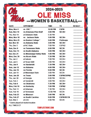 2024-25 Printable Ole Miss Rebels Women's Basketball Schedule
