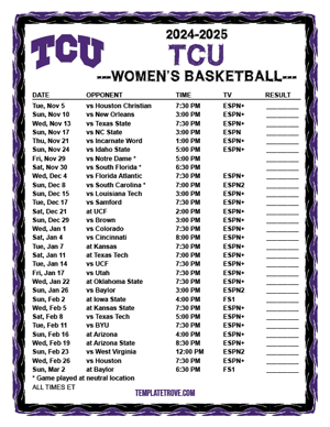 2024-25 Printable TCU Horned Frogs Women's Basketball Schedule