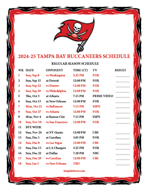 Tampa Bay Buccaneers 2024-25
 Printable Schedule - Central Times