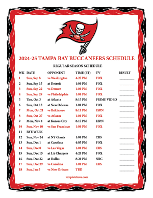 Tampa Bay Buccaneers 2024-25
 Printable Schedule