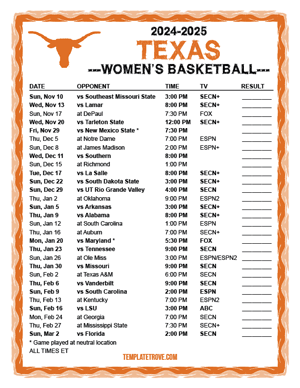2024-25 Printable Texas Longhorns Women's Basketball Schedule