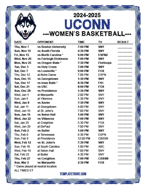 2024-25 Printable UConn Huskies Women's Basketball Schedule
