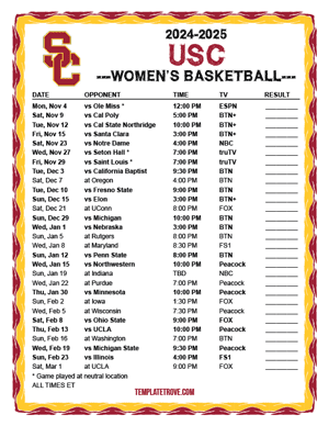 2024-25 Printable USC Trojans Women's Basketball Schedule
