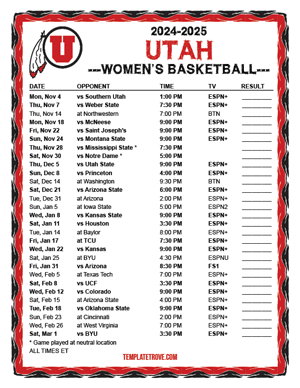 2024-25 Printable Utah Utes Women's Basketball Schedule