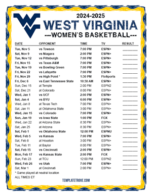 2024-25 Printable West Virginia Mountaineers Women's Basketball Schedule