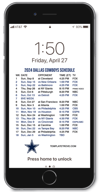 2024 Dallas Cowboys Lock Screen Schedule