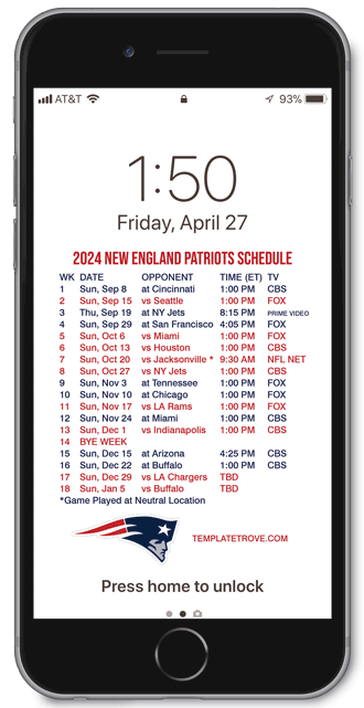 2024 New England Patriots Lock Screen Schedule