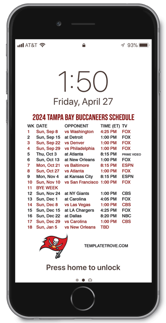 2024 Tampa Bay Buccaneers Lock Screen Schedule