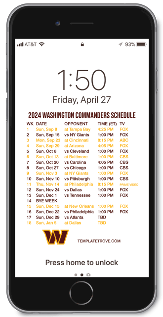 2024 Washington Commanders Lock Screen Schedule