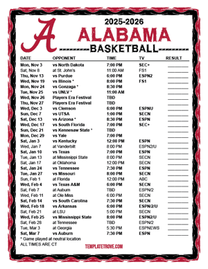 Alabama Crimson Tide Basketball 2025-26 Printable Schedule - Central Times