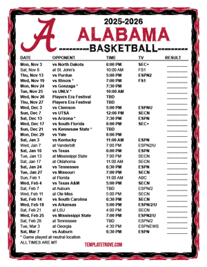 Alabama Crimson Tide Basketball 2025-26 Printable Schedule - Mountain Times
