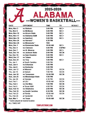 Alabama Crimson Tide Women's Basketball 2025-26 Printable Schedule - Mountain Times
