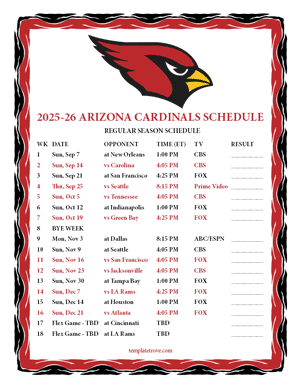 Arizona Cardinals 2025-26
 Printable Schedule