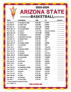 Arizona State Sun Devils Basketball 2025-26 Printable Schedule - Central Times