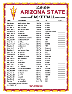 Arizona State Sun Devils Basketball 2025-26 Printable Schedule - Mountain Times