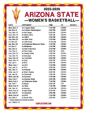 Arizona State Sun Devils Women's Basketball 2025-26 Printable Schedule - Central Times