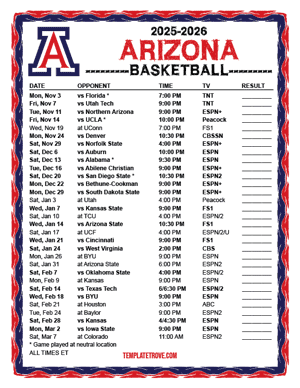 2024-25 Printable Arizona Wildcats Basketball Schedule