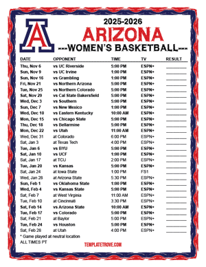 Arizona Wildcats Women's Basketball 2025-26 Printable Schedule - Pacific Times